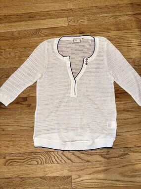 Postmark Anthropologie White Open Knit Henley Navy Trim M